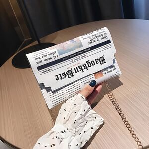 Chic Newspaper Print Crossbody Clutch Purse with Gold Chain – Vintage Aesthetic